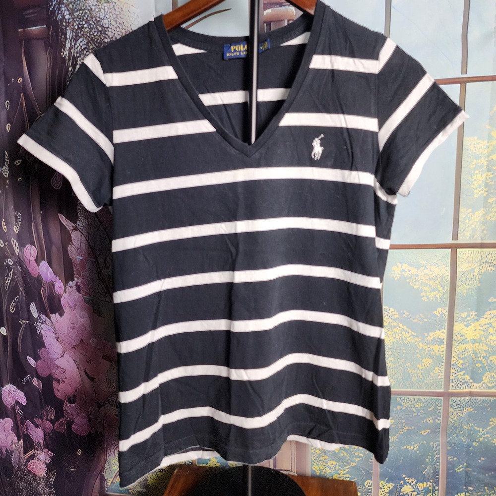 M‎ Polo Ralph Lauren Black & White Short Sleeve V Neck Tee, Size Medium